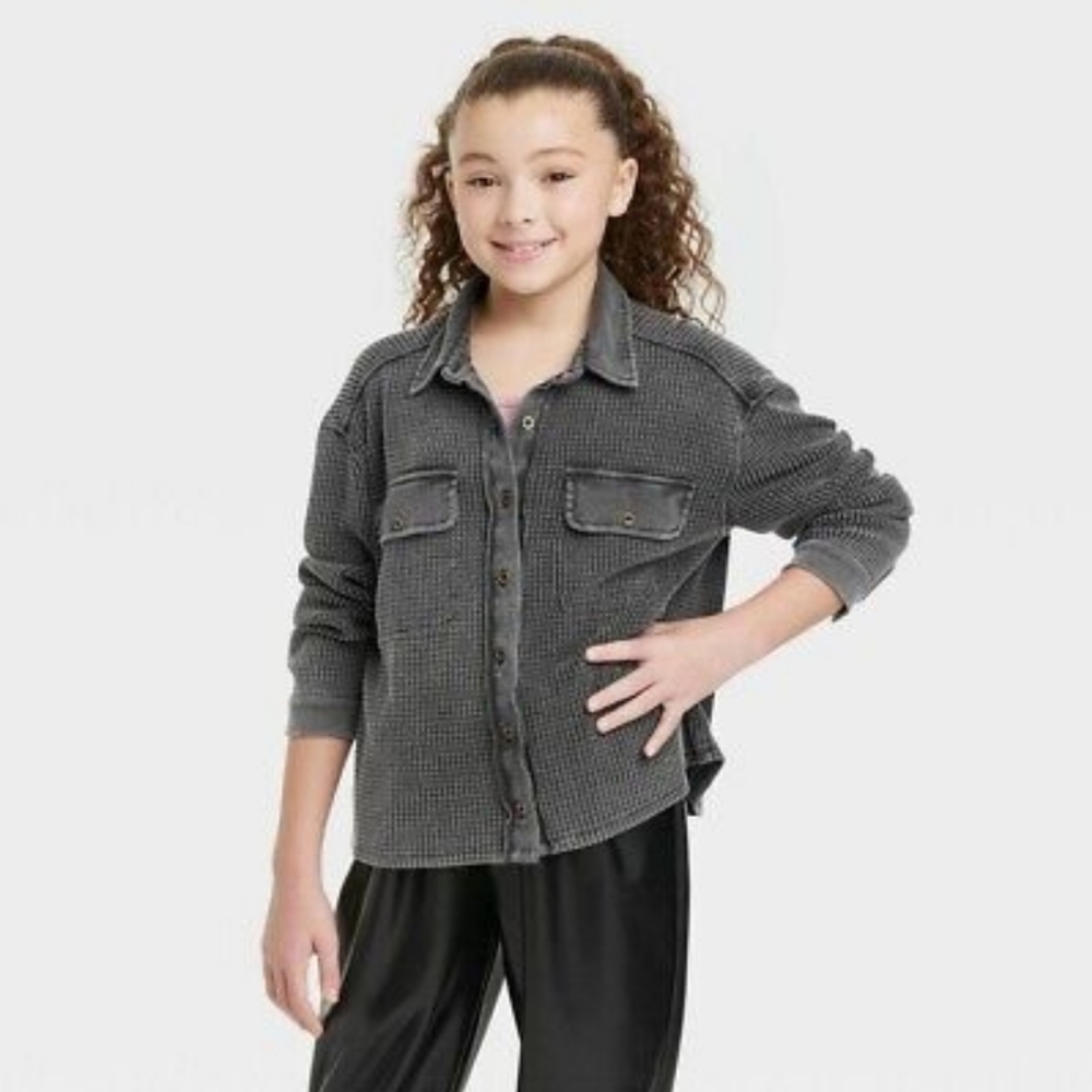 Girls Waffle Button-Up Shacket - Picture 5 of 5
